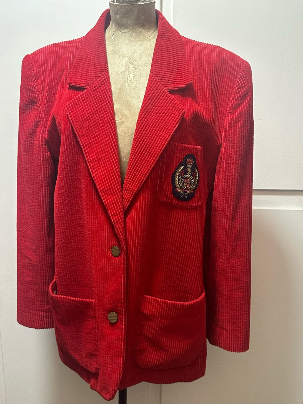 Vintage Liz Sport Women's Red Corduroy Blazer with Crest Patch Sz.8